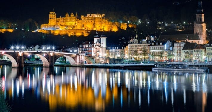 Heidelberg city panorama with Neckar river at night, Baden-Wurttemberg, Germany